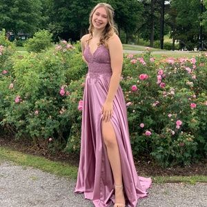 Faviana Mauve Long Flowy Prom Dress With Lace Bustier And Corset Back